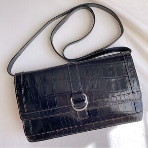 BLACK LEATHER CROCODILE EMBOSSED CONVERTIBLE CROSSBODY BAG CLUTCH JONES NEW YORK